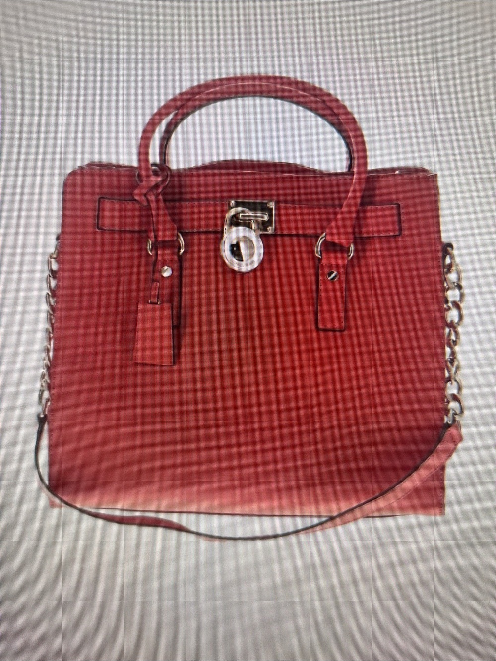 Michael Kors Coral-Red Leather Satchel with Gold Chain Trim
